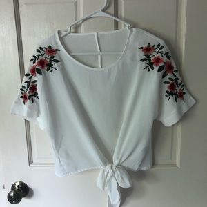 💙 Floral Shoulder Blouse with Front Tie